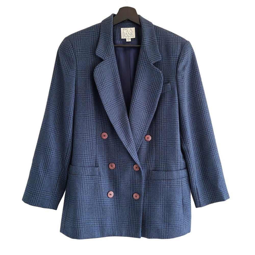 Vintage Women's Jos A Bank Wool Blazer Chest 37" Jacket Blue Plaid Double Breast